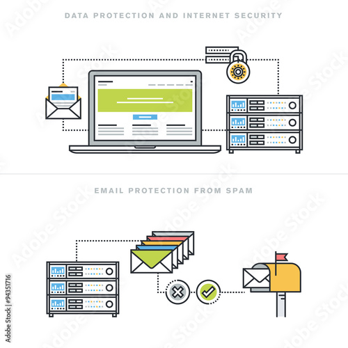 Flat line design vector illustration concepts for data protection and internet security, online safety, email protection from spam, email security software, for website banner and landing page.