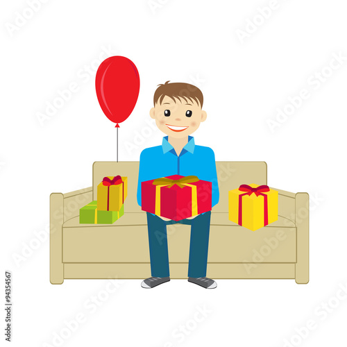 Boy sitting on the sofa with presents vector