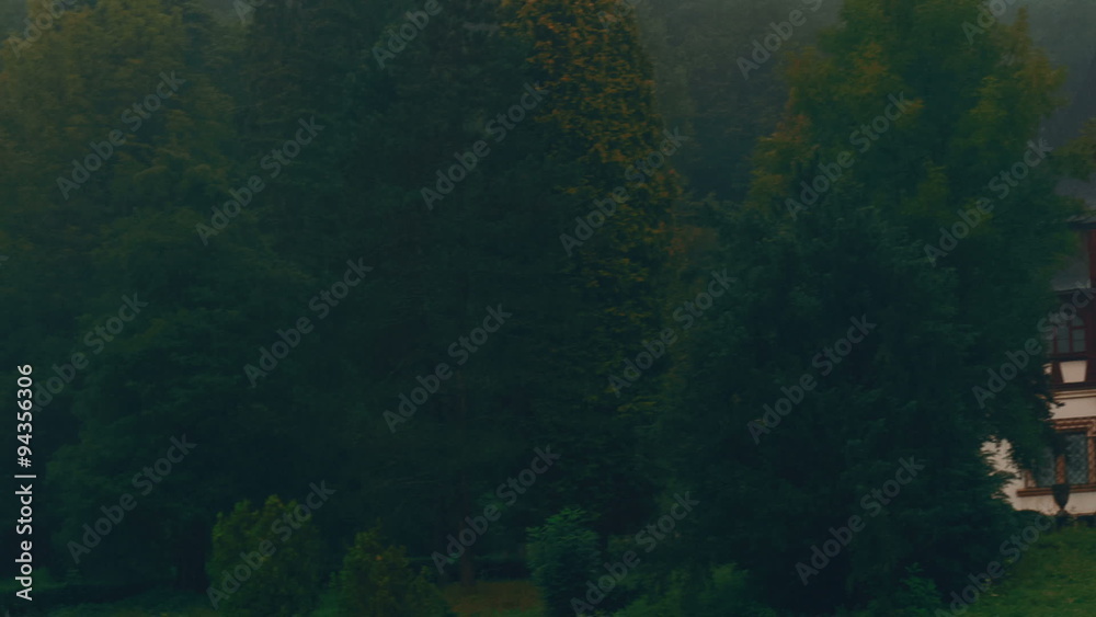 A close-up panoramic east-side view of the Neo-Renaissance Peles Castle in Romania and a pine tree forest shrouded in mist and fog
A close-up panoramic east-side view of the Neo-Renaissance Peles Castle in Romania and a pine tree forest shrouded in mist and fog