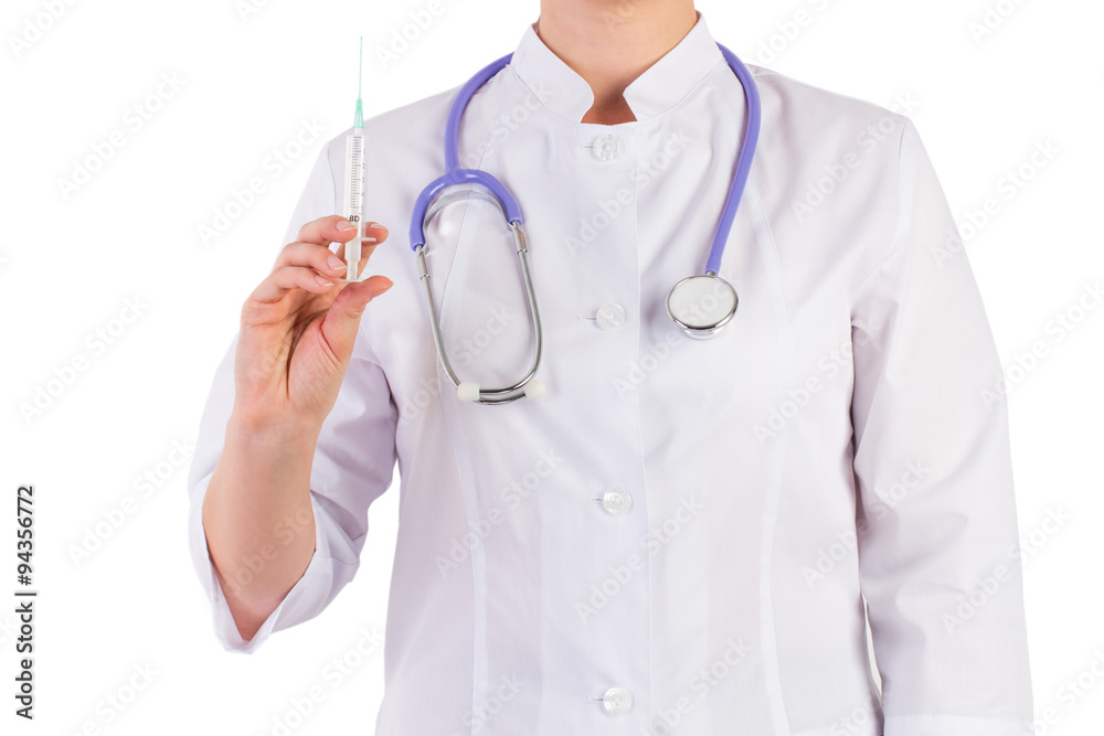 doctor holding a syringe, white background doctor holding a syringe, white background