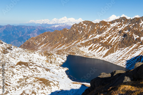 Frozen mountains lake, Gosaikunda ridge, Nepal Himalaya. photo