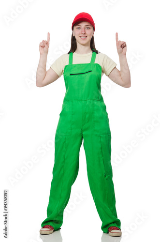 Принти на полотні Female worker wearing coverall isolated on white
