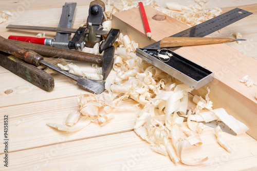 carpentry tools and wood shavings in the workshop