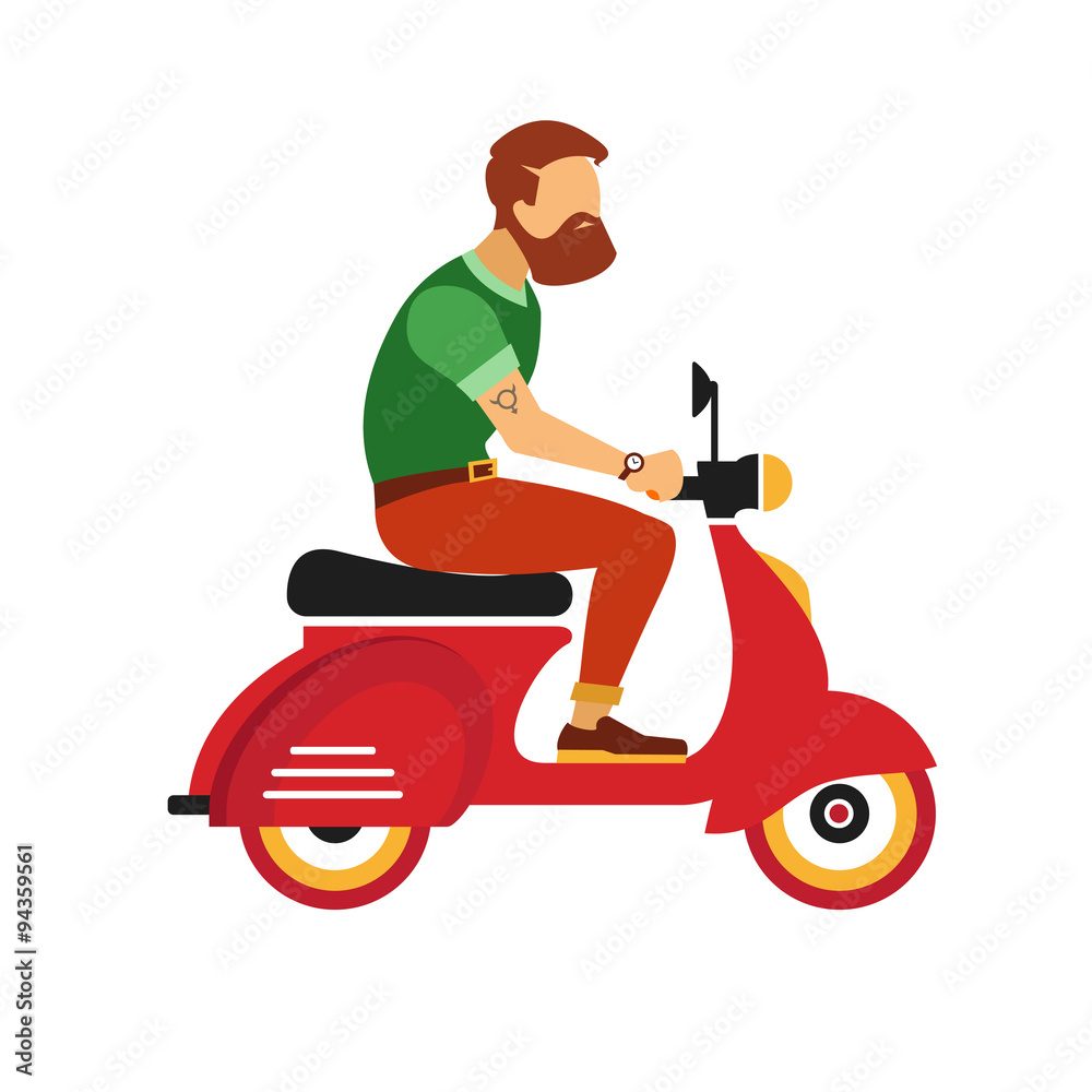Fototapeta premium hipster young bearded man character with retro red scooter on the white background