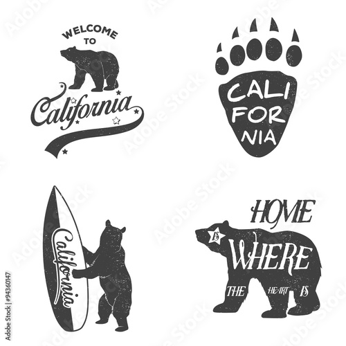 Set of vintage monochrome california emblems and design elements. Grunge effect can be edited or removed