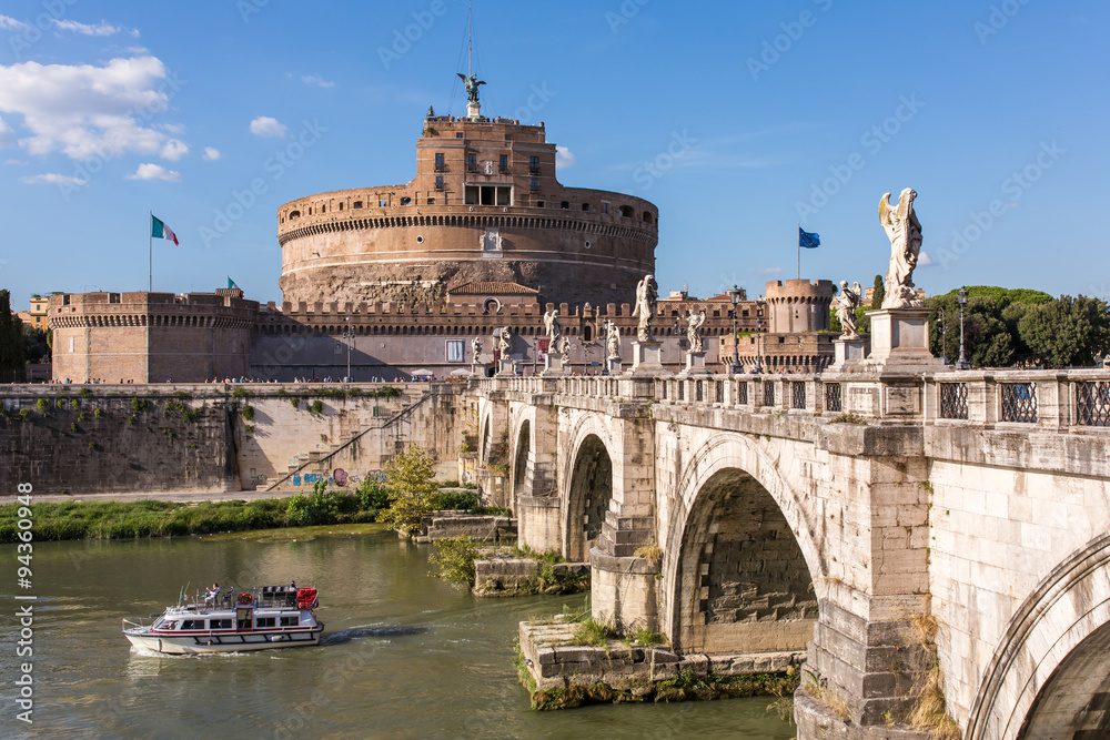 Saint Angel Castle and bridge over the Tiber river in Rome, Ital