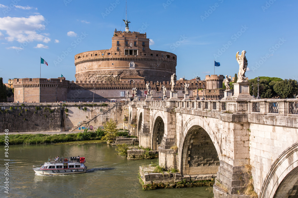 Saint Angel Castle and bridge over the Tiber river in Rome, Ital Saint Angel Castle and bridge over the Tiber river in Rome, Ital