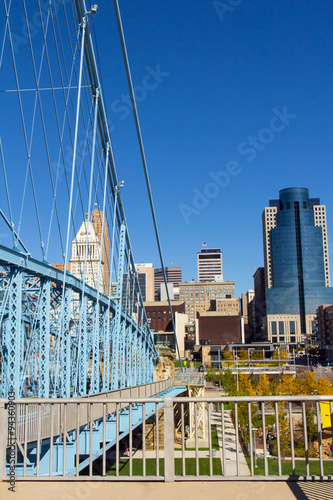 Vertical View of Downtown Cincinnati From a Suspension Birdge