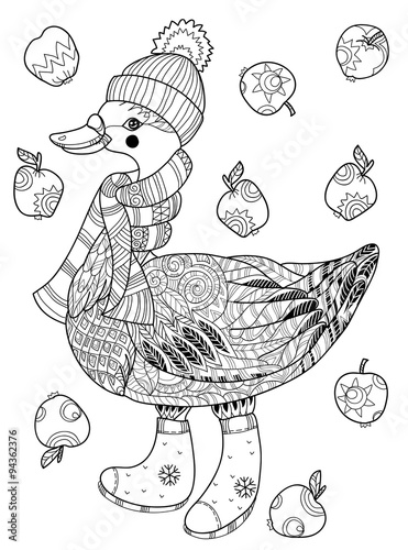 Christmas goose in funny hat doodle.
