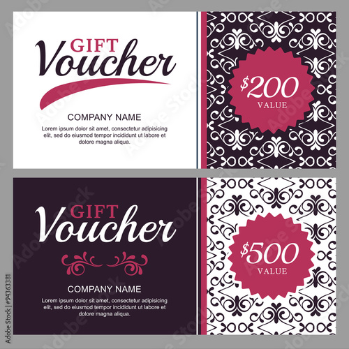 Vector gift voucher with black and white ornament background.
