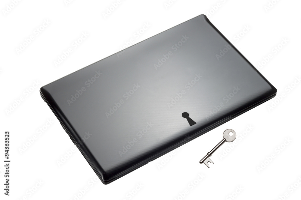 Laptop with a keyhole and key for extra security on white backgr Laptop with a keyhole and key for extra security on white backgr