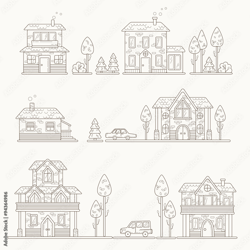 Set of icons houses, cars and trees 