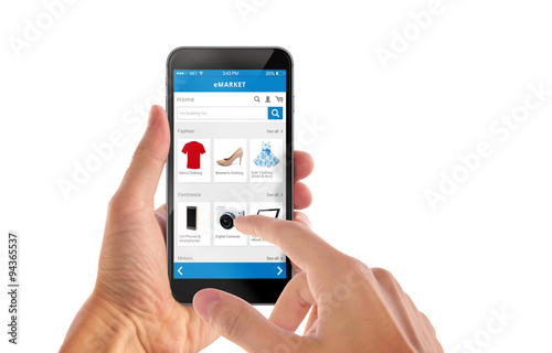 Smart phone online shopping in man hand isolated. Buy clothes shoes accessories with e commerce web site