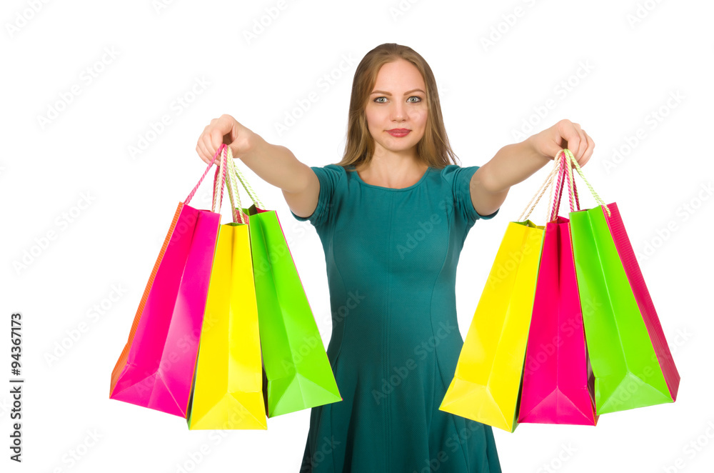 Woman in christmas shopping concept on white Woman in christmas shopping concept on white