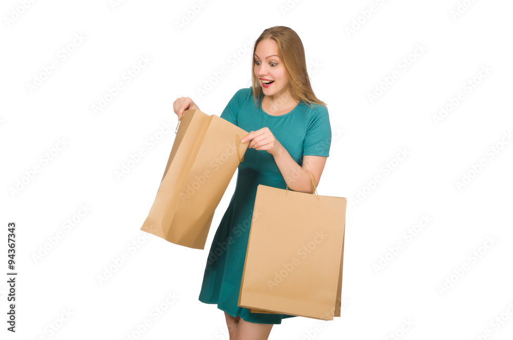 Woman in christmas shopping concept on white Woman in christmas shopping concept on white