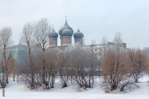 Ancient Orthodox Cathedral of the Intercession  in Moscow in the winter frosted frosty morning