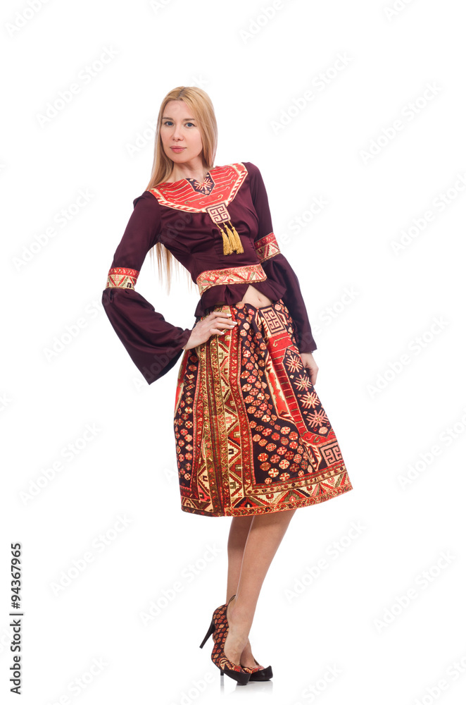 Woman in dress with oriental prints isolated on white Woman in dress with oriental prints isolated on white