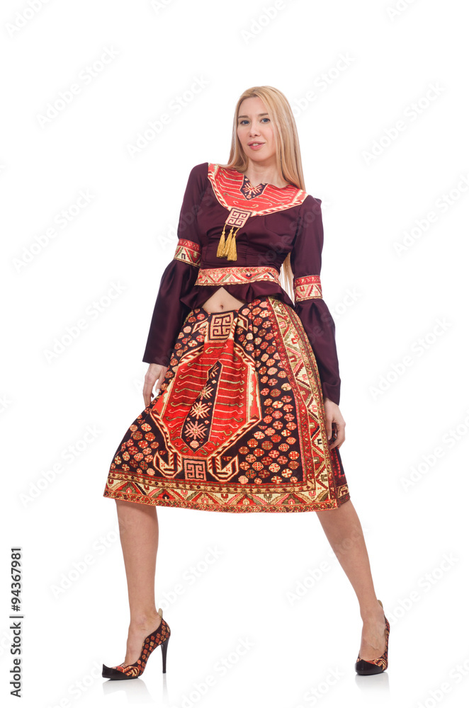 Woman in dress with oriental prints isolated on white Woman in dress with oriental prints isolated on white
