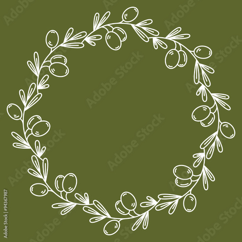 Vector olive wreath isolated on green. For design restaurant men
