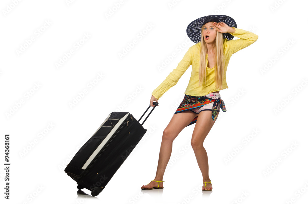 Young woman in travelling concept on white Young woman in travelling concept on white