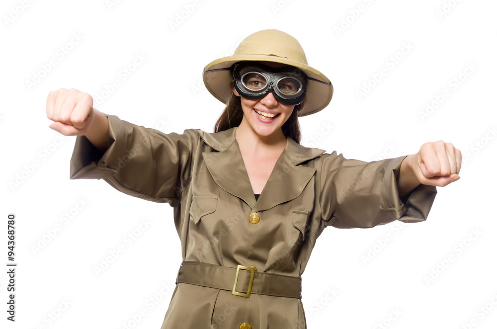 Woman wearing safari hat on white