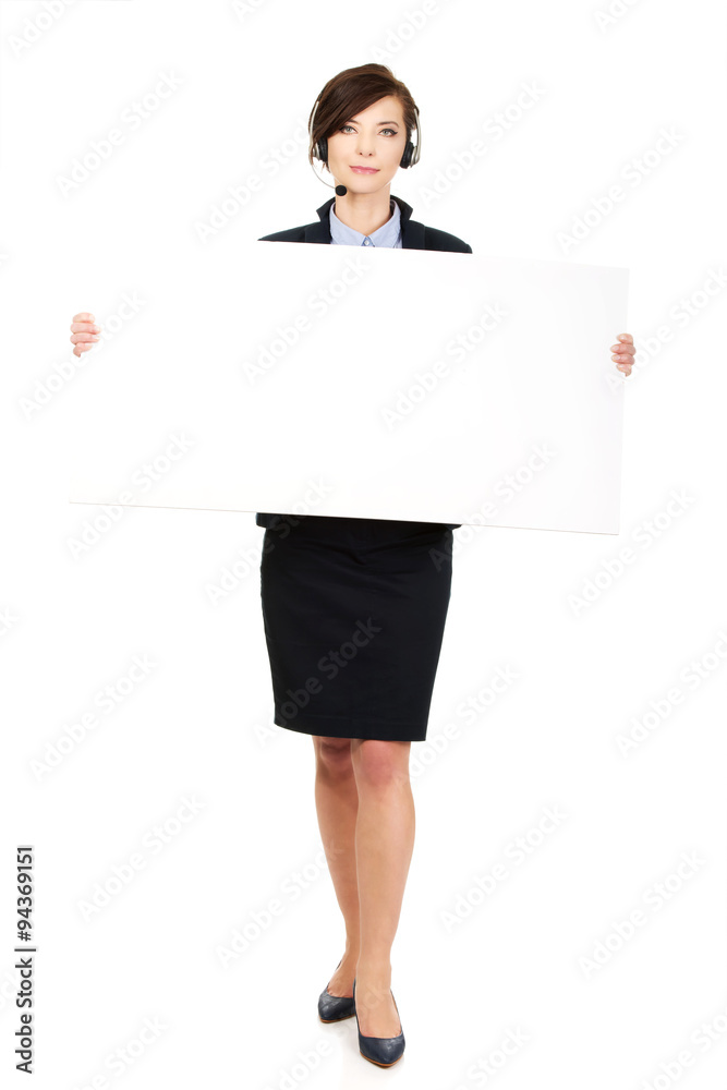 Call center woman holding empty banner. Call center woman holding empty banner.