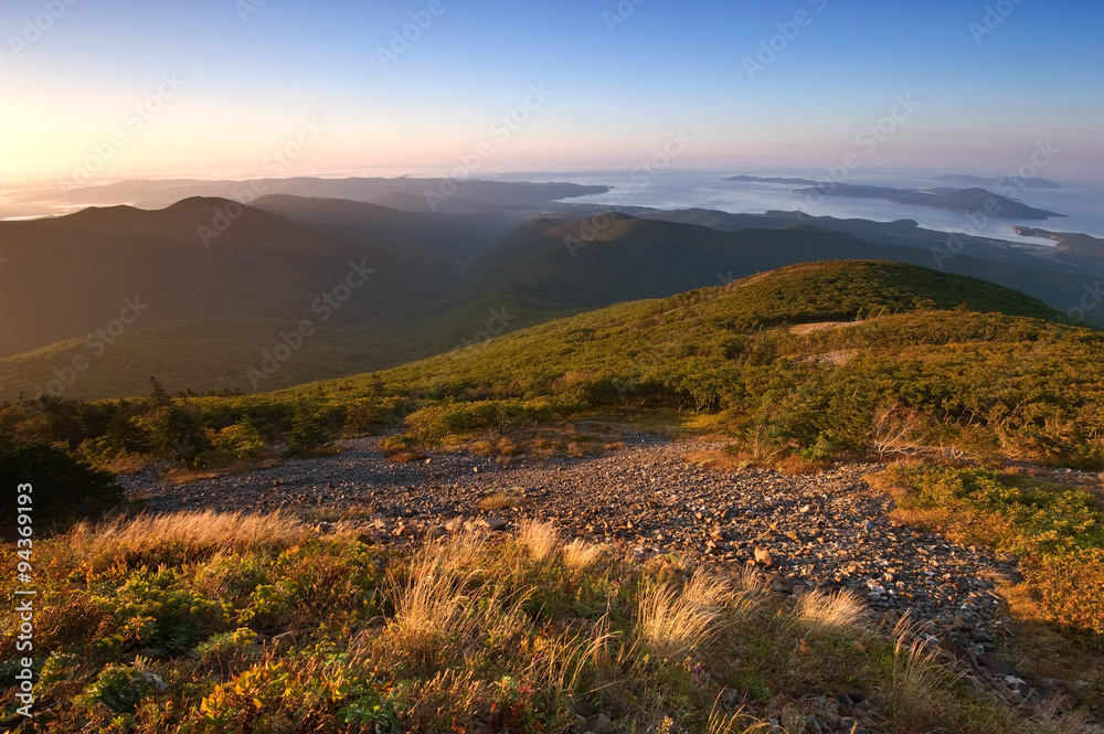 Naklejka premium View of the sea from the mountains Sikhote-Alin.