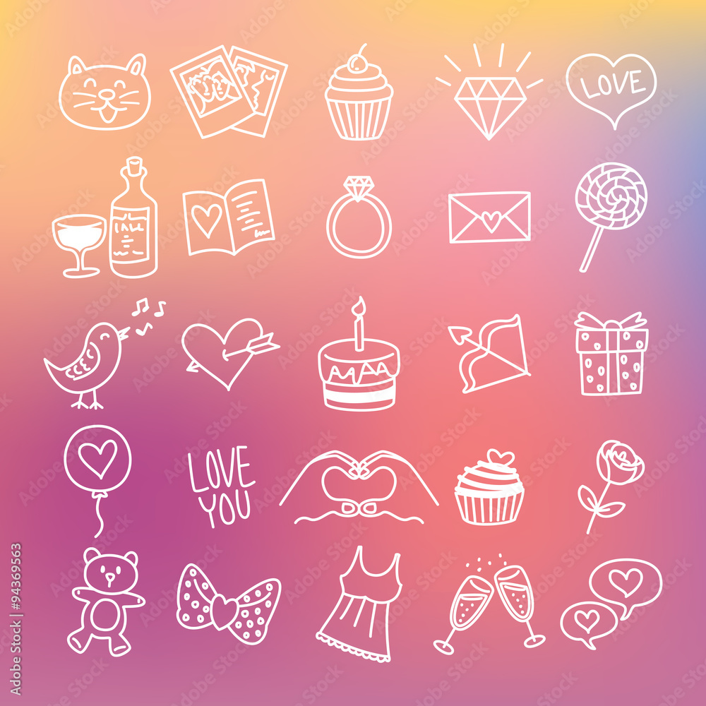 set of line icon related to valentine with blur background set of line icon related to valentine with blur background
