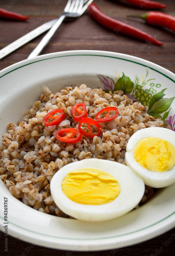 Buckwheat porridge with boiled egg and chili pepper Buckwheat porridge with boiled egg and chili pepper