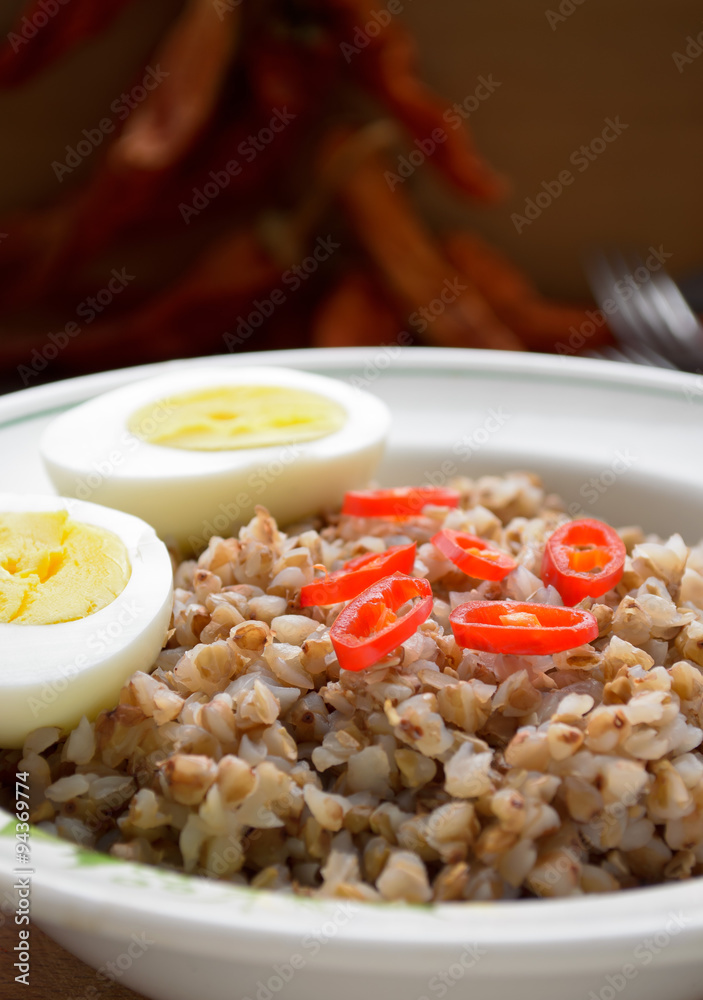 Buckwheat porridge with boiled egg and chili pepper Buckwheat porridge with boiled egg and chili pepper