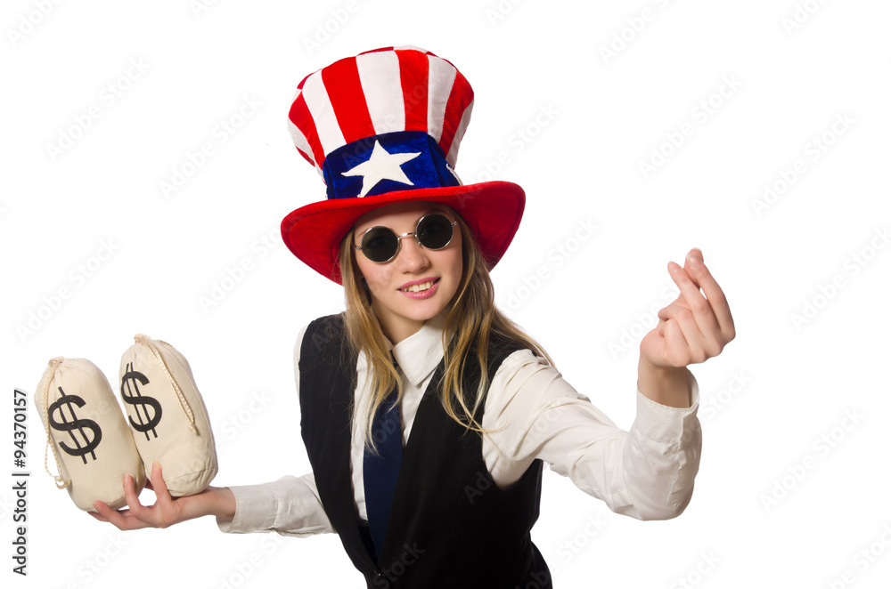 Woman with money sacks isolated on white Woman with money sacks isolated on white