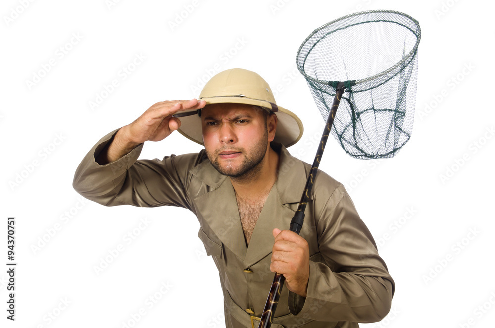 Man hunting for butterflies isolated on white Man hunting for butterflies isolated on white