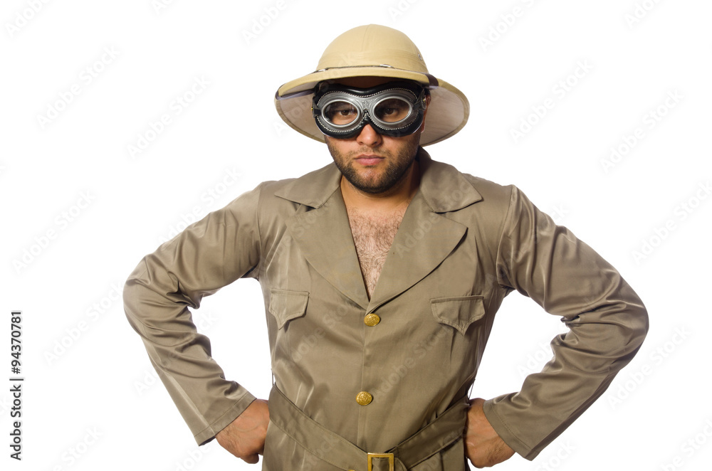 Man in safari hat with goggles on white Man in safari hat with goggles on white