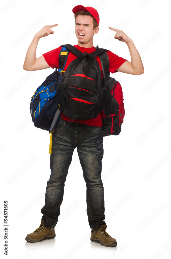Fototapeta premium Young traveller with backpack isolated on white