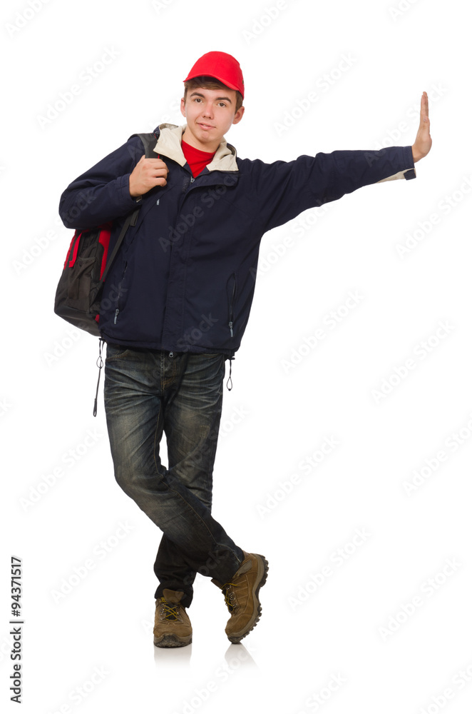 Young traveller with backpack isolated on white Young traveller with backpack isolated on white