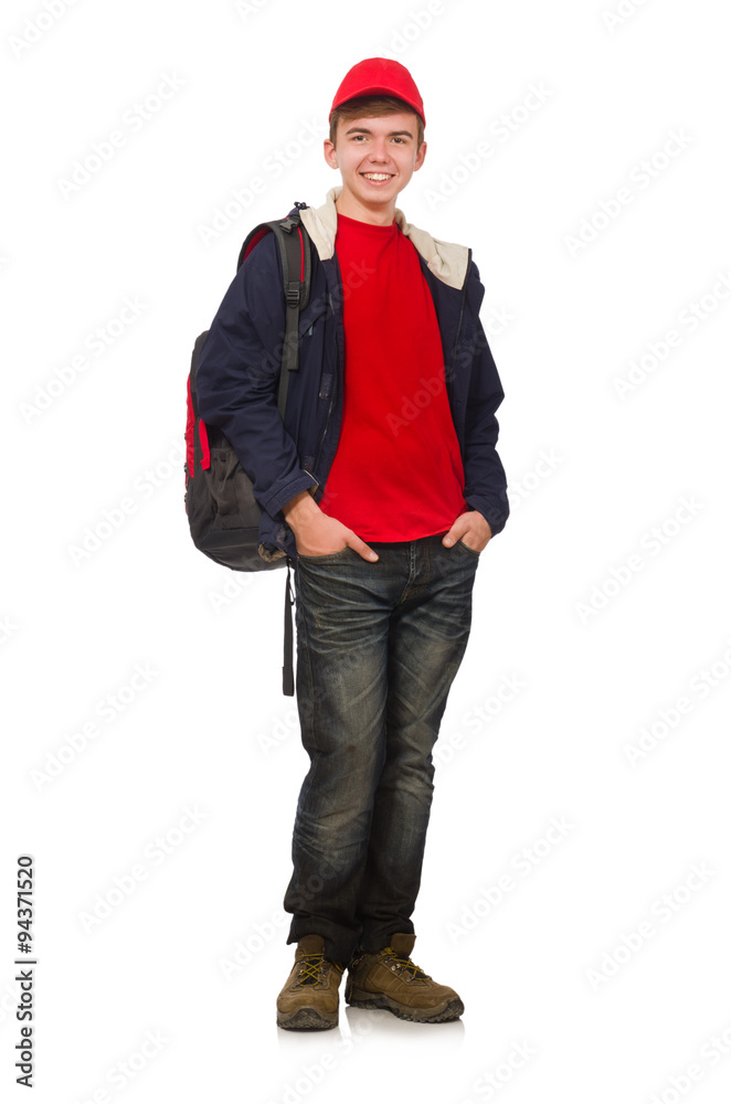 Young traveller with backpack isolated on white
