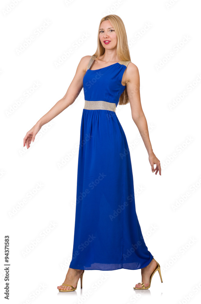 Beautiful woman in long blue dress isolated on white