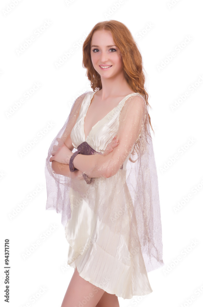 Pretty lady in light charming dress isolated on white Pretty lady in light charming dress isolated on white