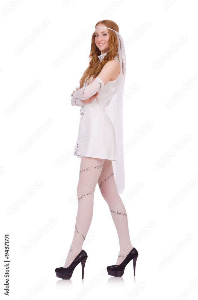 Pretty lady in light charming dress isolated on white Pretty lady in light charming dress isolated on white