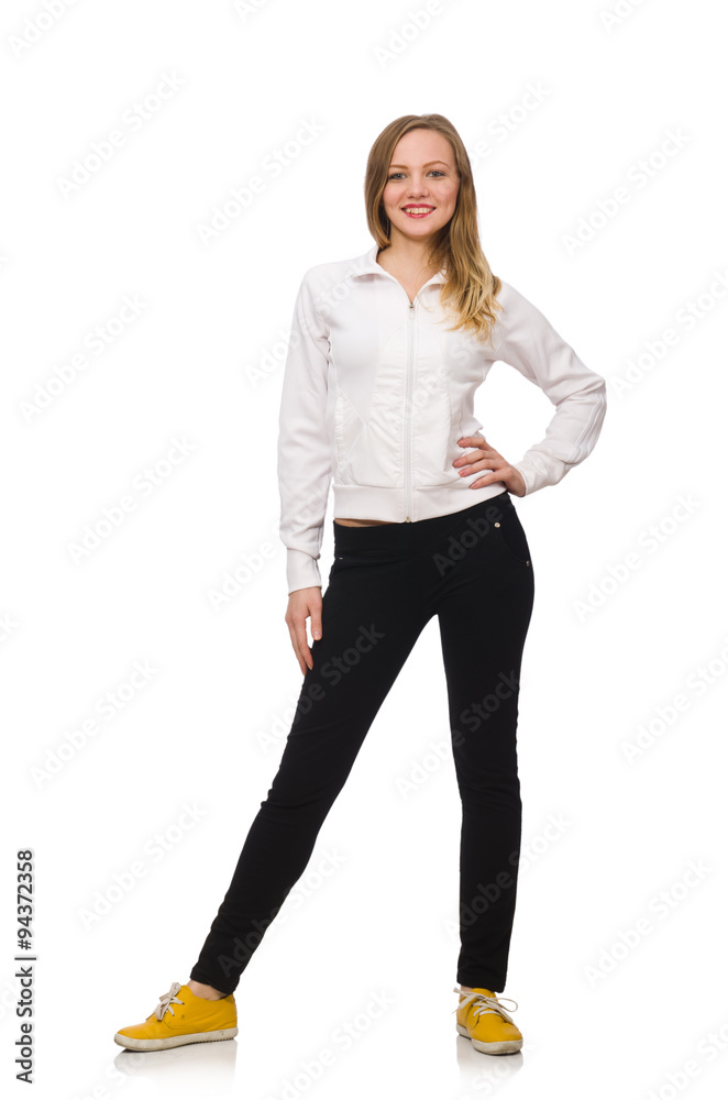 Woman doing exercises isolated on white Woman doing exercises isolated on white