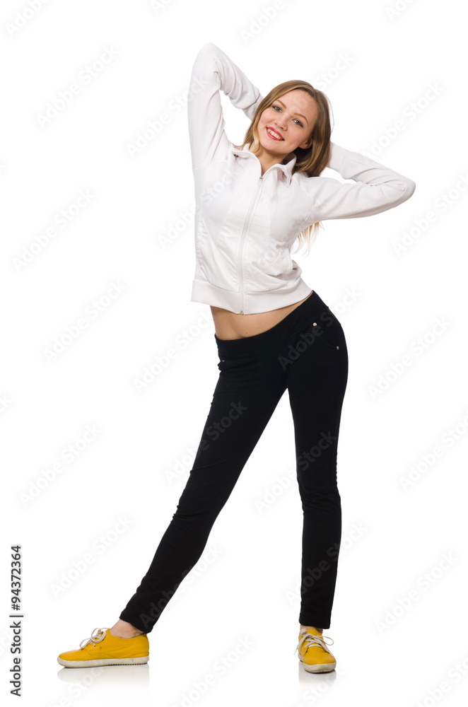 Woman doing exercises isolated on white Woman doing exercises isolated on white