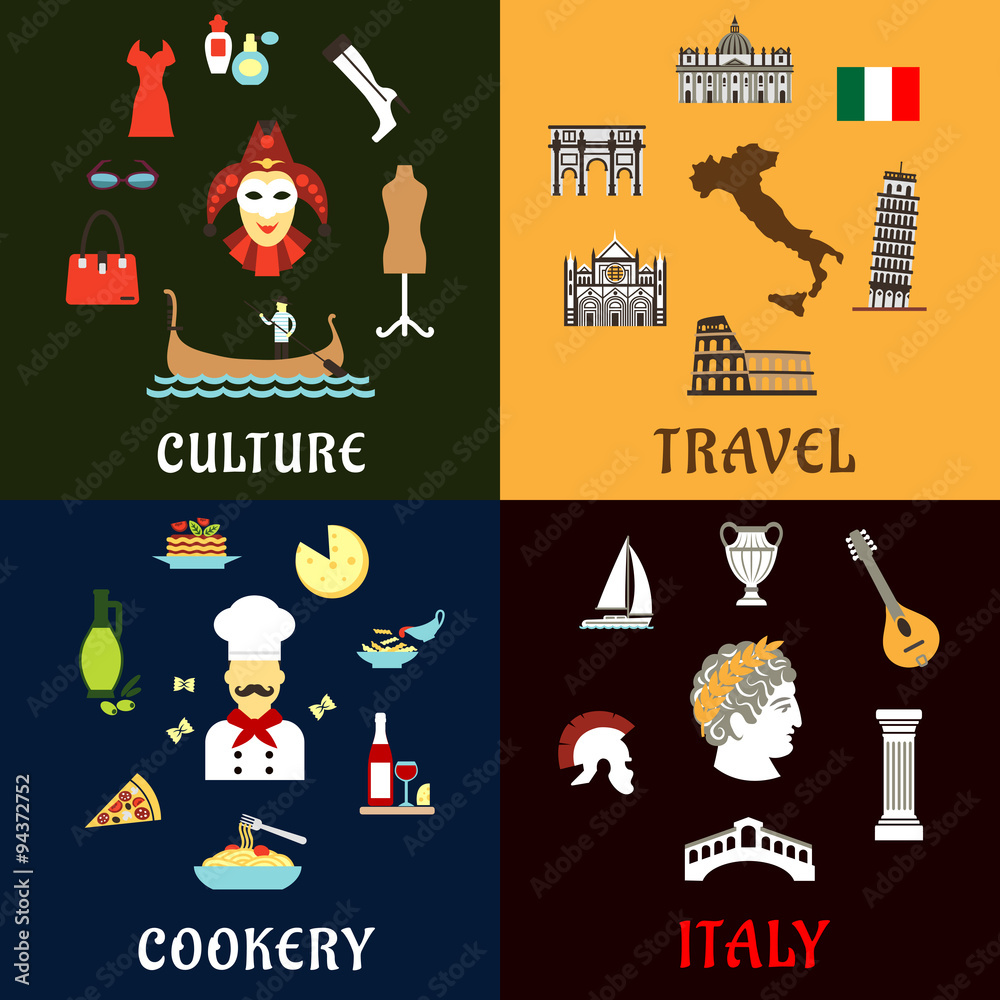 Fototapeta premium Italy landmarks, culture ans cuisine flat icons