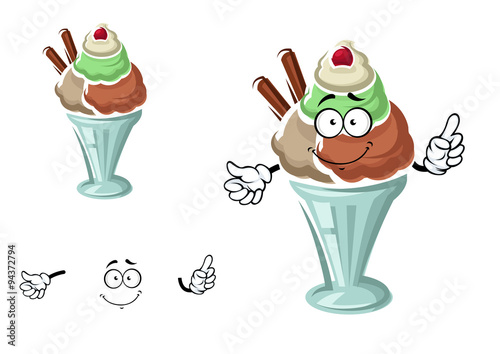Sundae ice cream with cherry and waffle