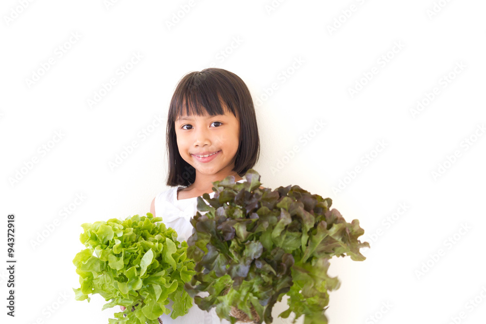Children girl is expressions of healthy food on white background Children girl is expressions of healthy food on white background