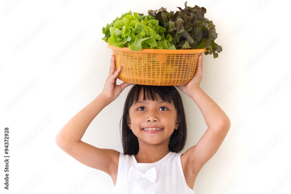 Children girl is expressions of healthy food on white background Children girl is expressions of healthy food on white background