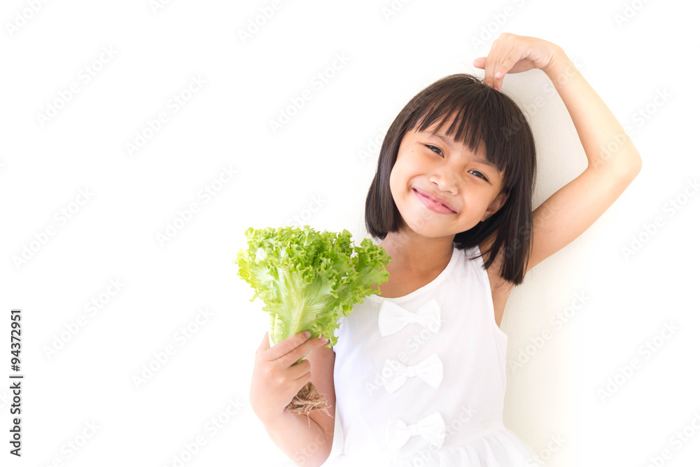 Children girl is expressions of healthy food on white background Children girl is expressions of healthy food on white background