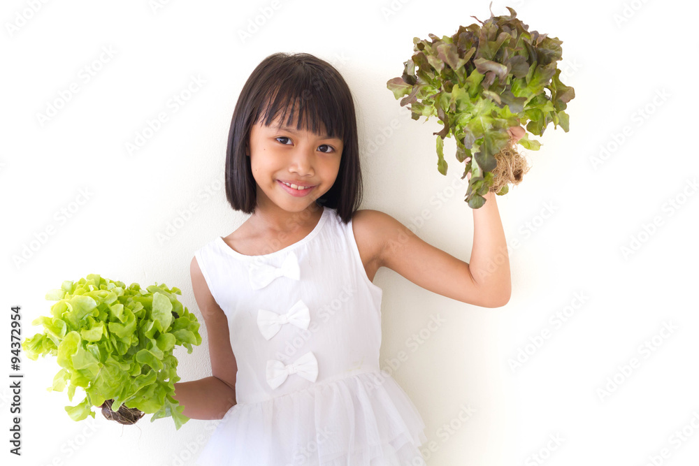 Children girl is expressions of healthy food on white background Children girl is expressions of healthy food on white background