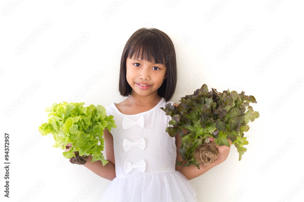 Children girl is expressions of healthy food on white background Children girl is expressions of healthy food on white background