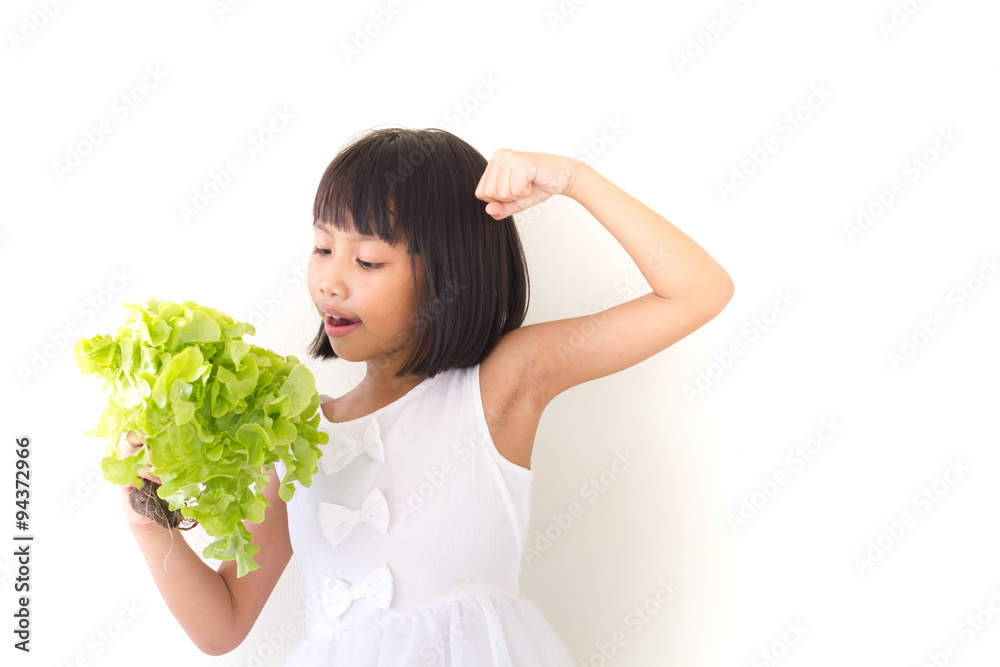 Children girl is expressions of healthy food on white background Children girl is expressions of healthy food on white background