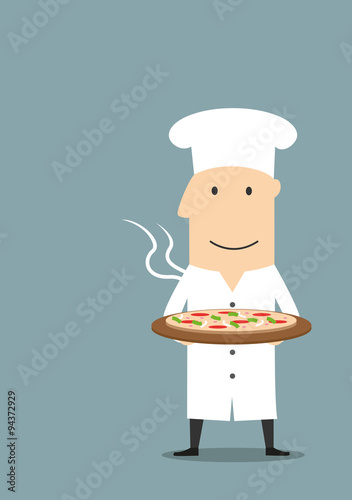 Baker in white hat with hot pepperoni pizza